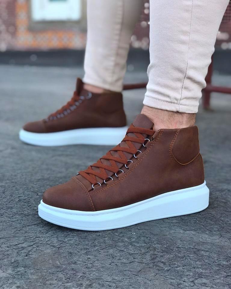 032 Mens High Top Boots Tan & White