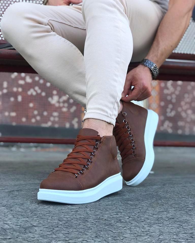 032 Mens High Top Boots Tan & White