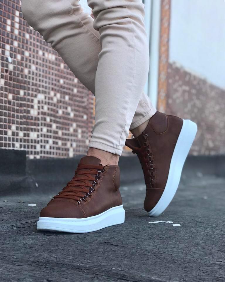 032 Mens High Top Boots Tan & White